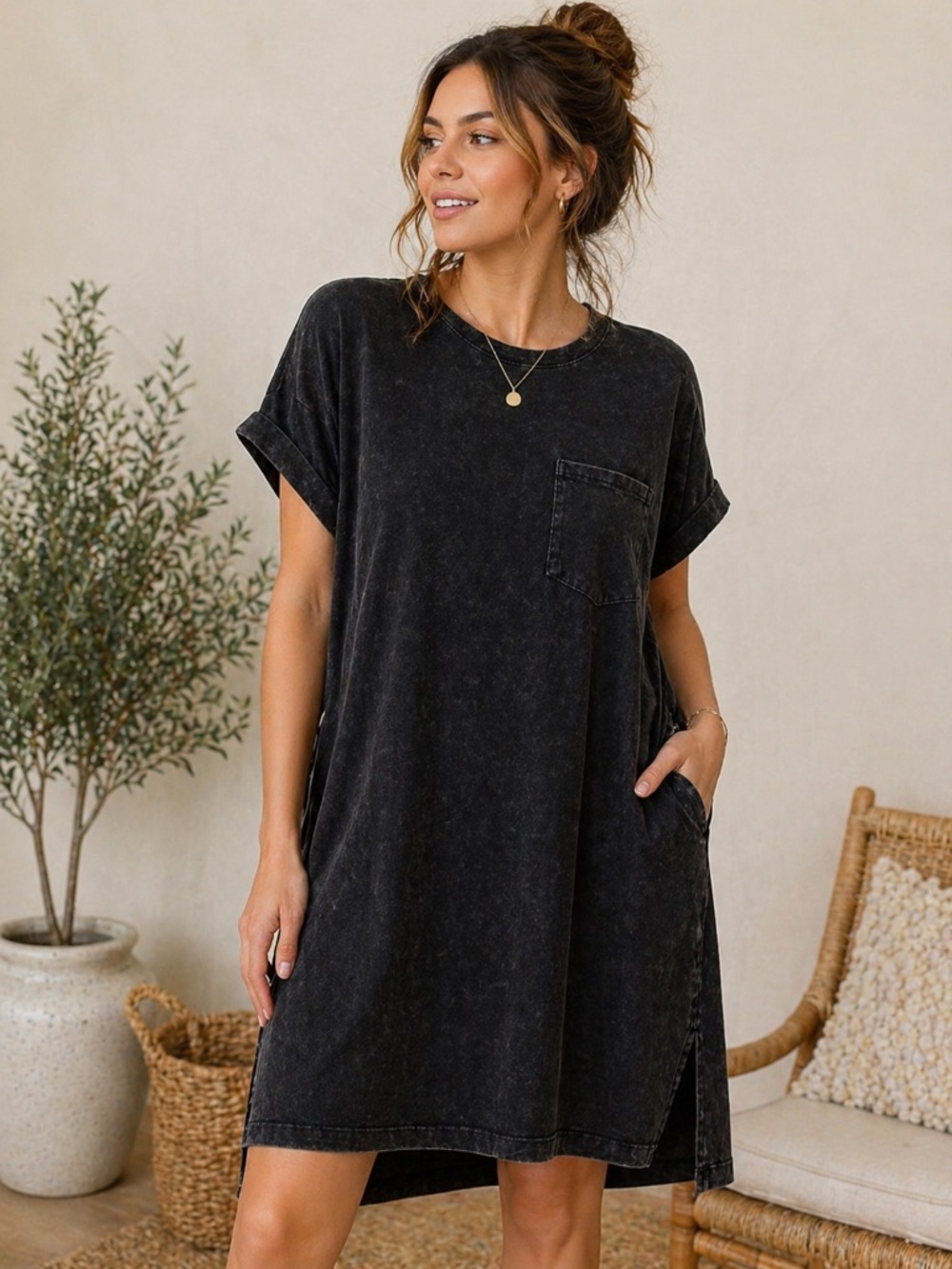 Zenana Outfitters Washed Black Tee Dress Size Large